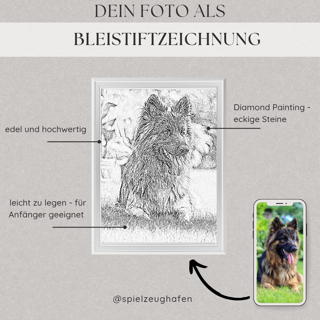 Dein Wunschmotiv - Zeichnung als Diamond Painting (eckige Steine, Schwarz/Weiß) von Spielzeughafen
