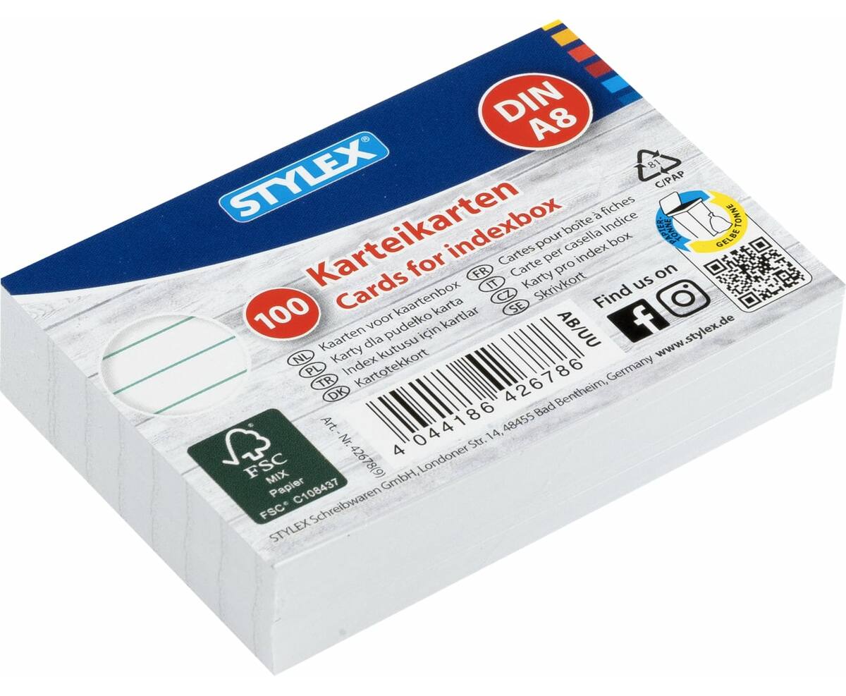 STYLEX Karteikarten, DIN A8, liniert, 100 Stück, FSC von Spielzeughafen