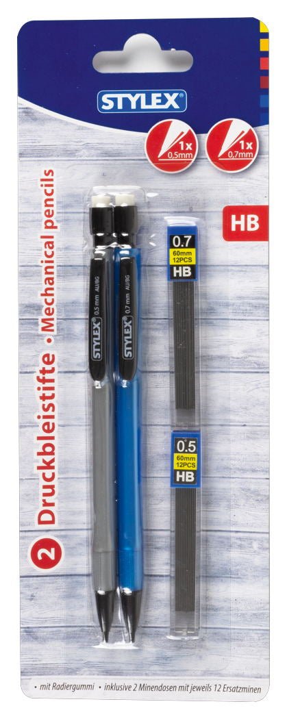 STYLEX Druckbleistifte HB 0,5/0,7 mm mit Minen und Radiergummi von Spielzeughafen